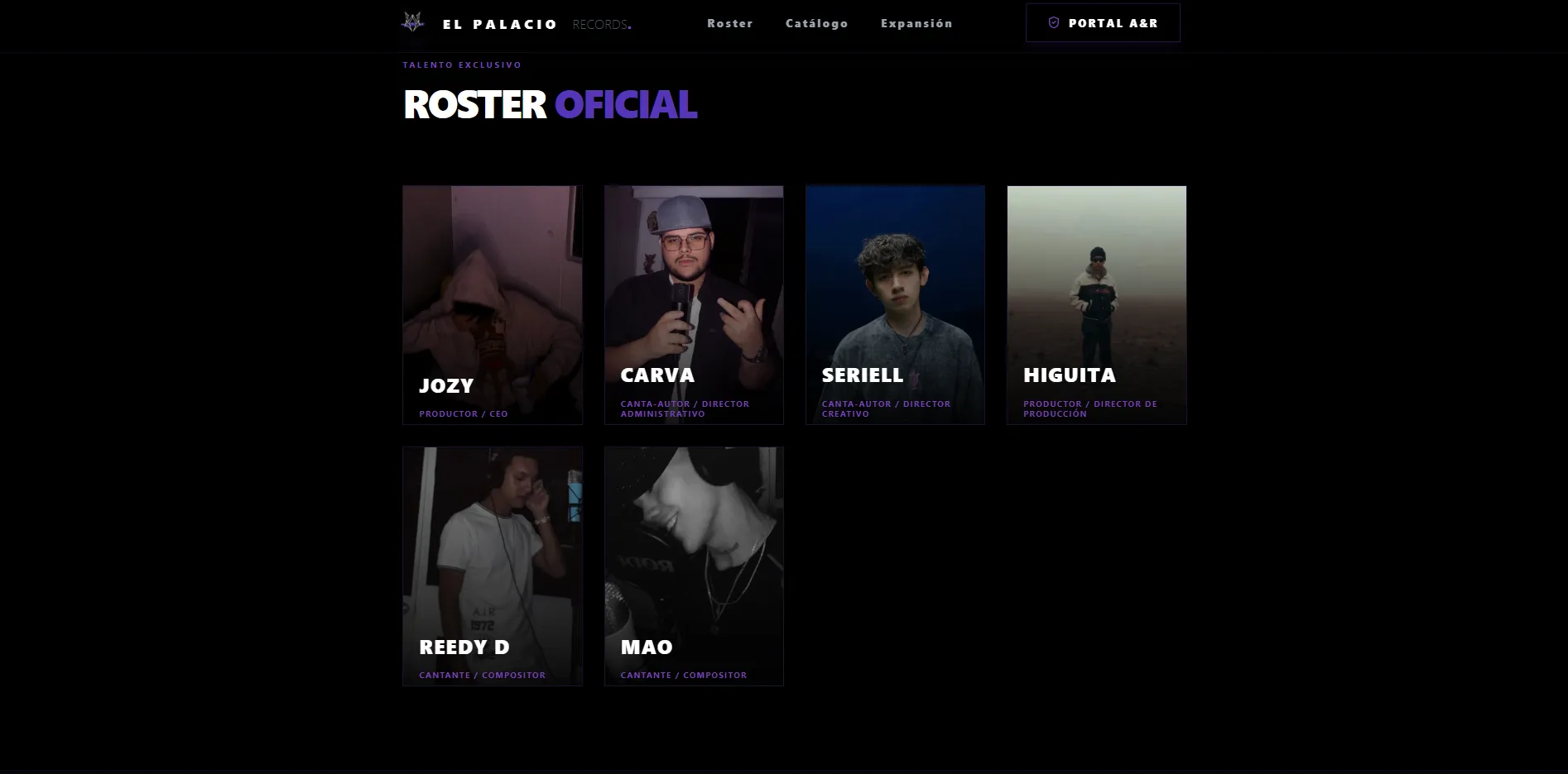 Artist roster grid of El Palacio Records with photography-led cards